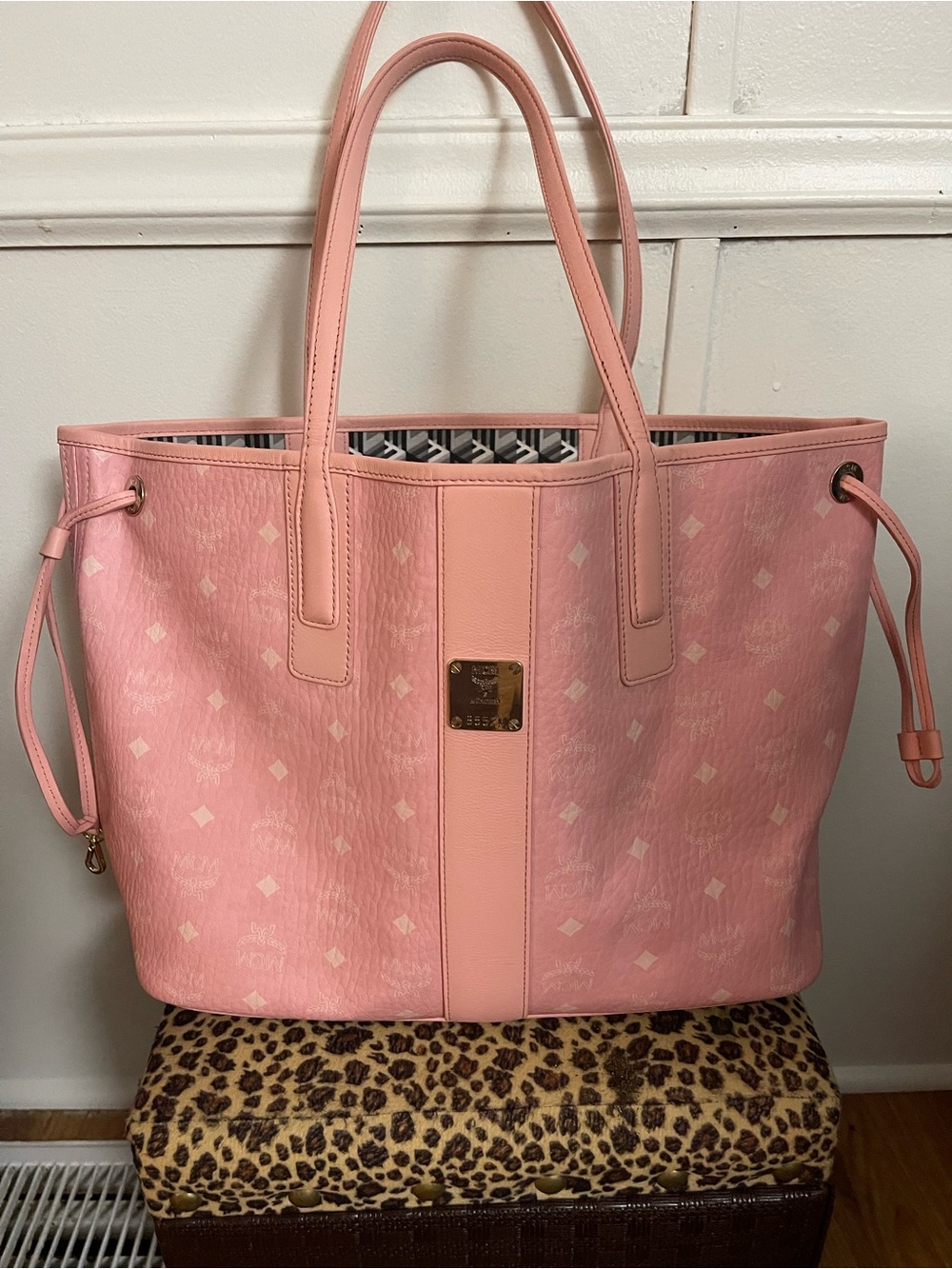 MCM Pink Logo Tote with Gold Plaque